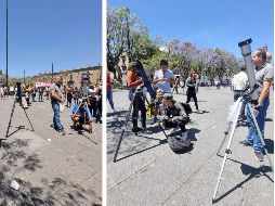 En la Plaza de la Liberación en el Centro Histórico de Guadalajara varios sujetos rentaron sus telescopios para ver el Eclipse Solar del día de hoy. EL INFORMADOR / J. Velazco